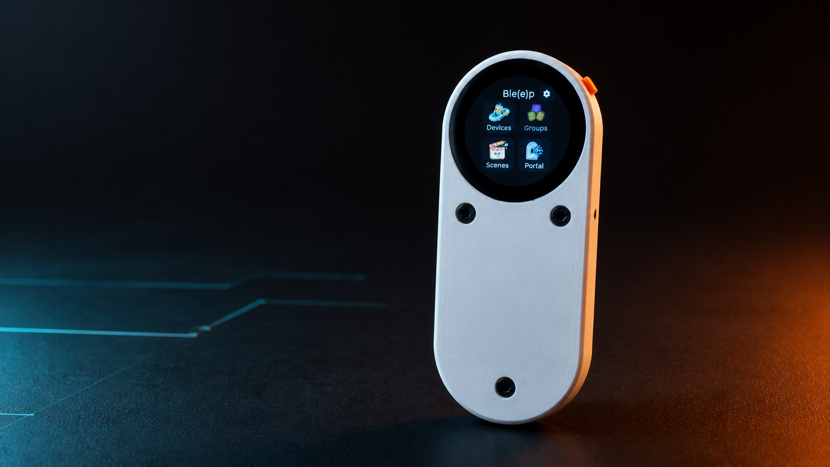 Ble(e)p controller lit in cyan and orange on a dark studio surface